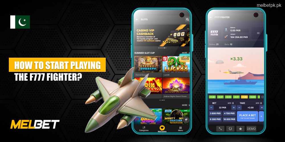 To start playing the popular crash simulator F777 Fighter at Melbet Casino Pakistan, register, make a deposit, find the game in the casino section and launch it by selecting a mode and placing a bet
