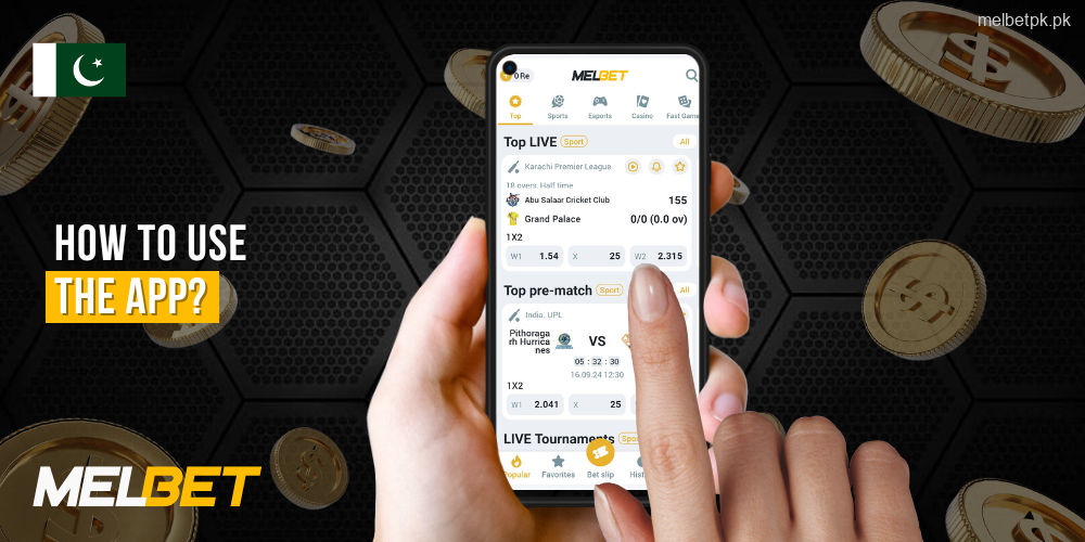 A user from Pakistan can use the Melbet app by logging in, depositing funds, selecting a sport, placing a bet, and waiting for the results